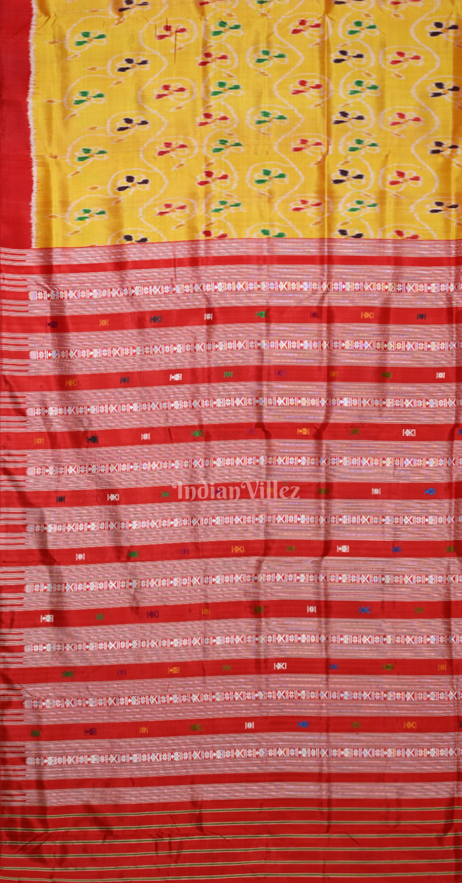 Yellow Red Tribal Theme Odisha Ikat Contemporary Designer Silk Saree with  Siminoi Anchal