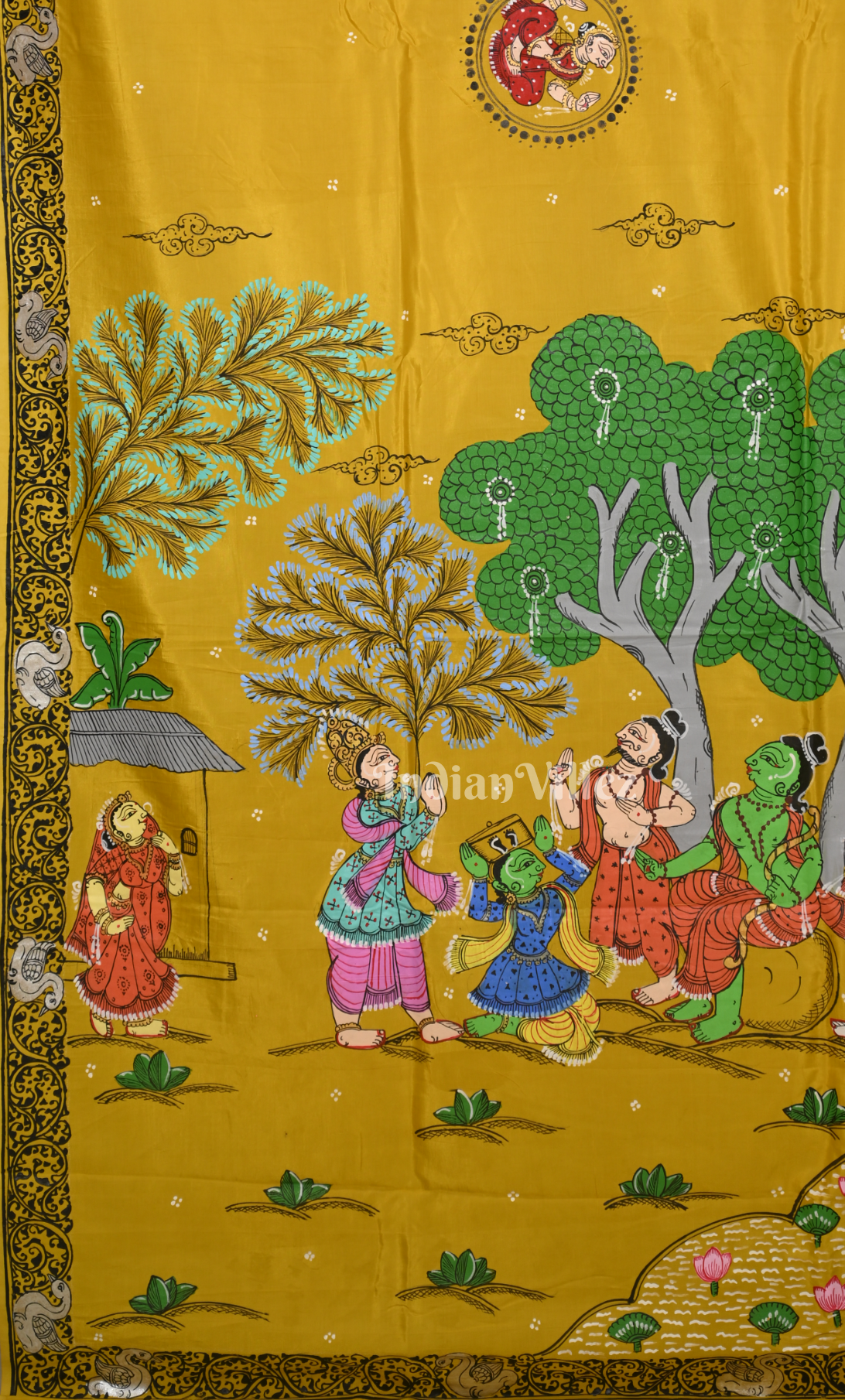 Mustard Yellow Ramayana Theme Hand-Painted Pattachitra Saree 