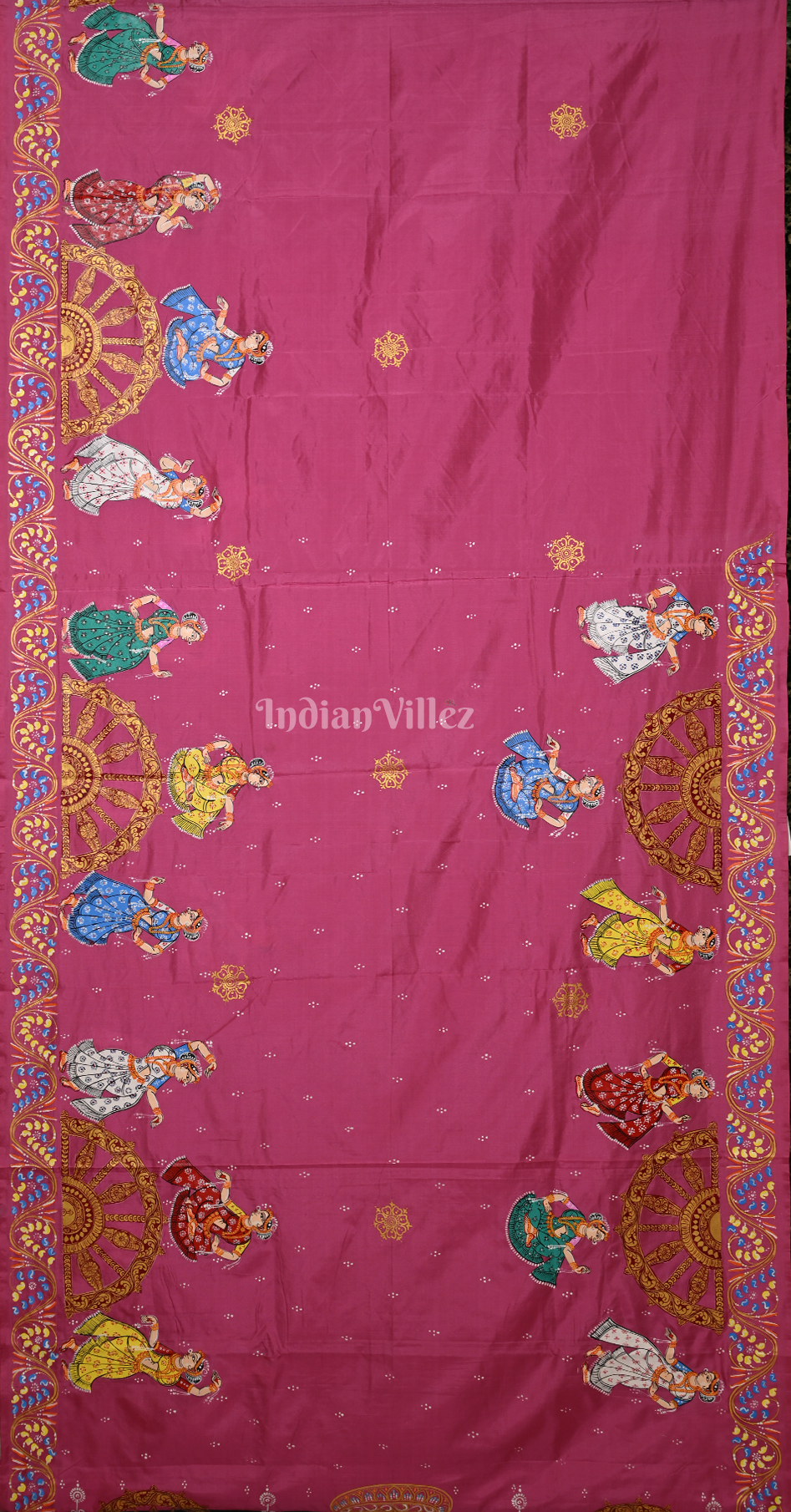  Rani Pink Bottle Green  Nartaki Konark Temple Hand-Painted Pattachitra Saree