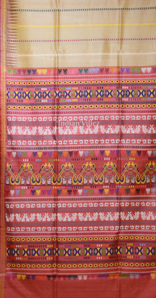 Beige Red Veena Pani Theme Fine Gopalpur Tussar Silk Saree 