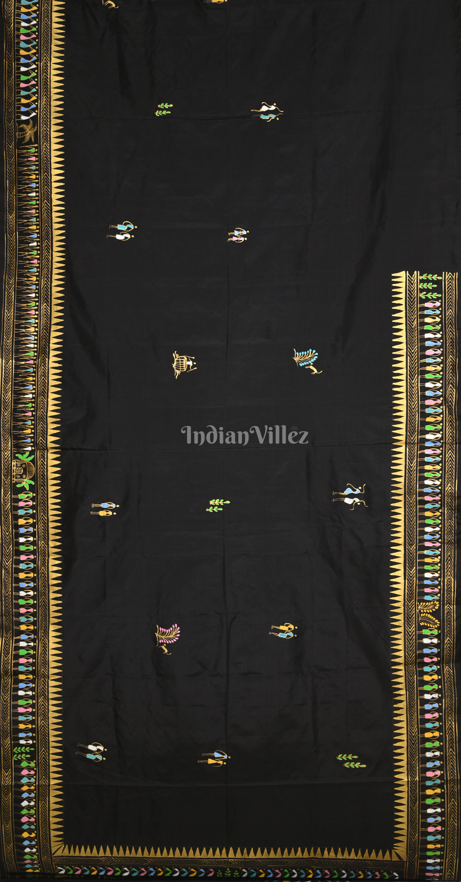 Black Saura Tribal Art Hand-Painted Pattachitra Saree 