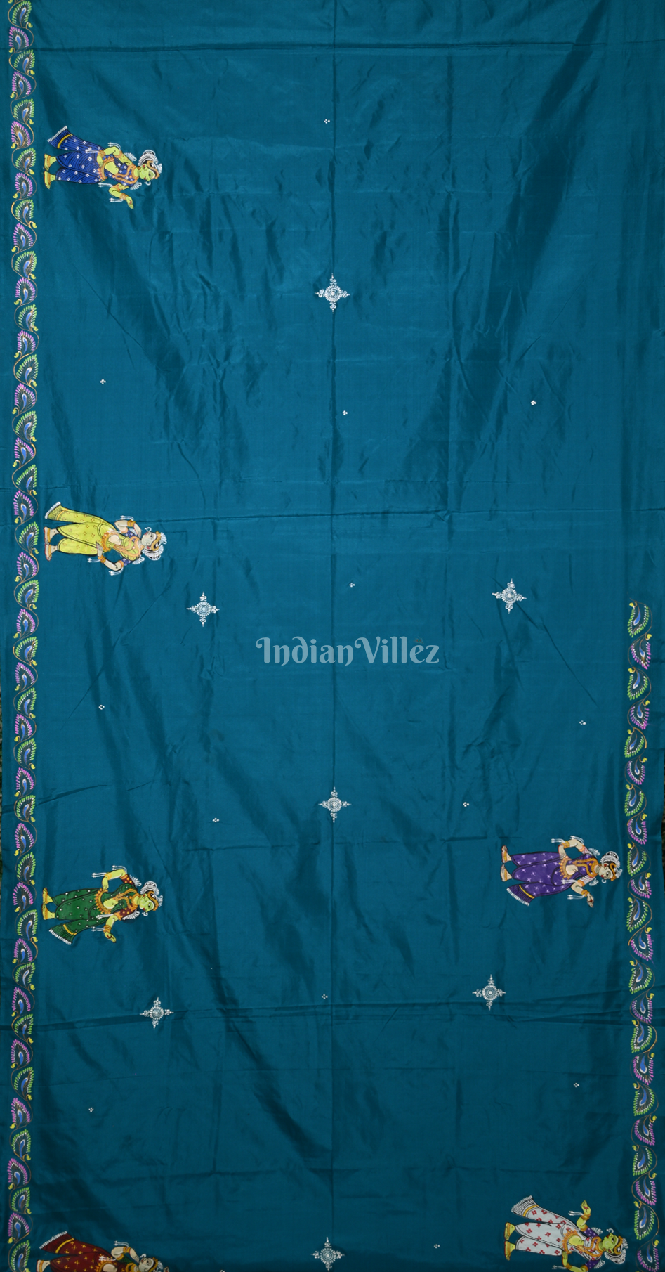 Peacock Blue Radha Krishna Raas Leela Hand-Painted Pattachitra Saree