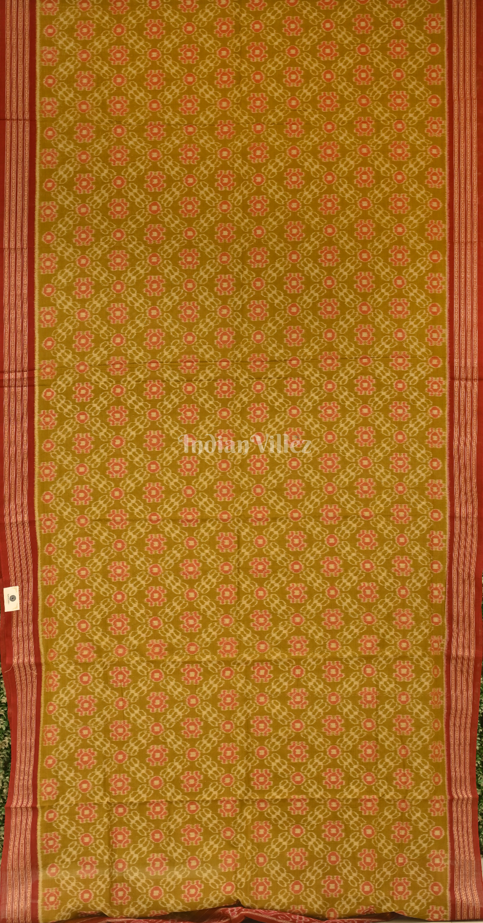 Mehendi Green Maroon Floral Motif Sambalpuri Ikat Cotton Saree 