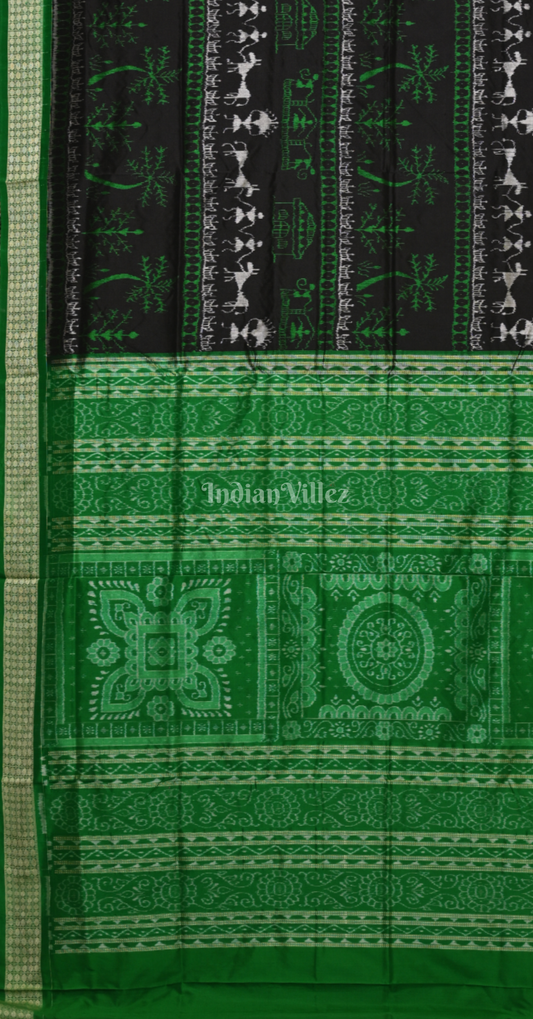 Green Black Tribal Theme Odisha Ikat Sambalpuri Silk Saree 