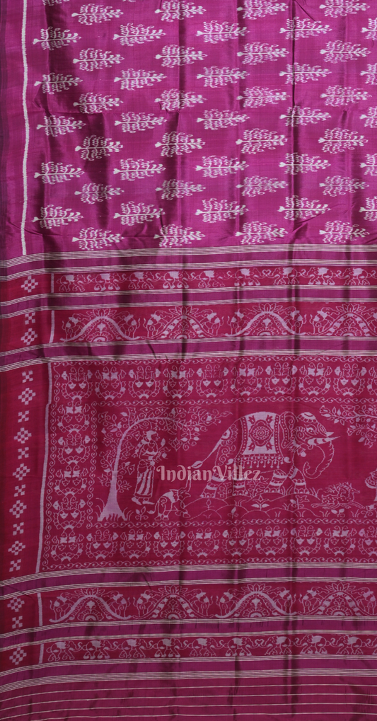 Magenta Pink Tree Motif Odisha Ikat Contemporary Designer Saree with Elephant Anchal
