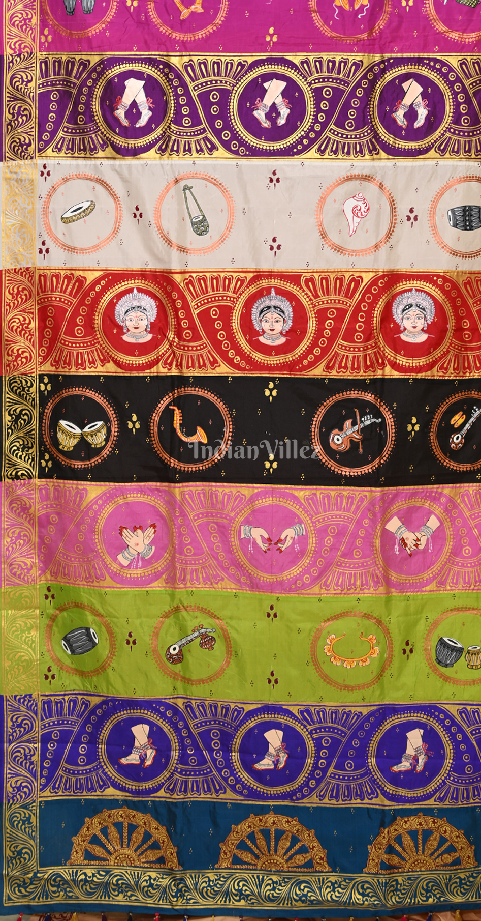 Beige Musical Instruments & Dancer Theme Hand-painted Pattachitra Saree
