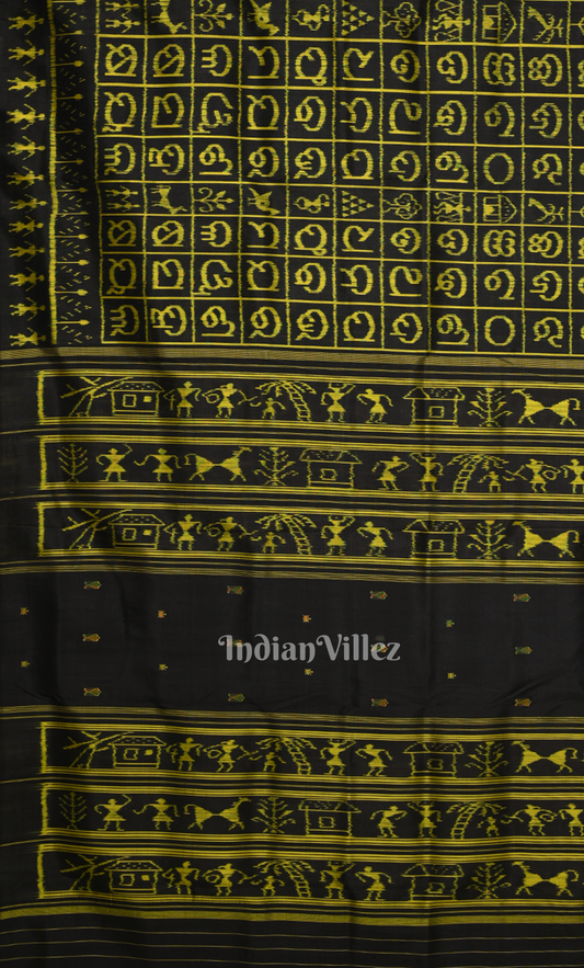 Black Odia Barnamala Contemporary Designer Silk Saree with Tribal Anchal