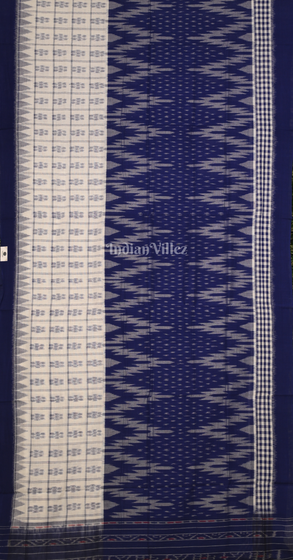 White Blue Half Half Odisha Ikat Maniabandha Cotton Saree 