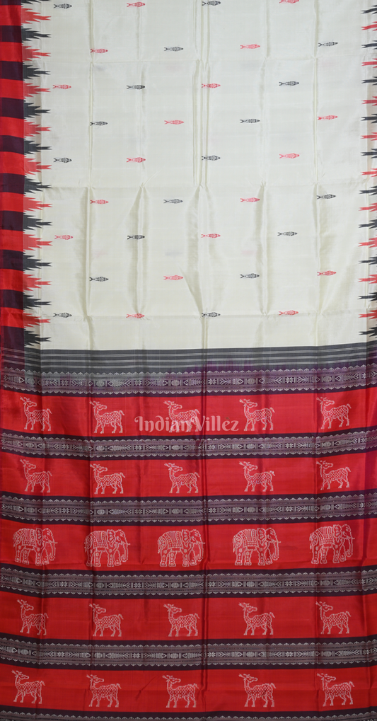 White Red Black Fish Motif Double Pallu Berhampuri Silk Saree