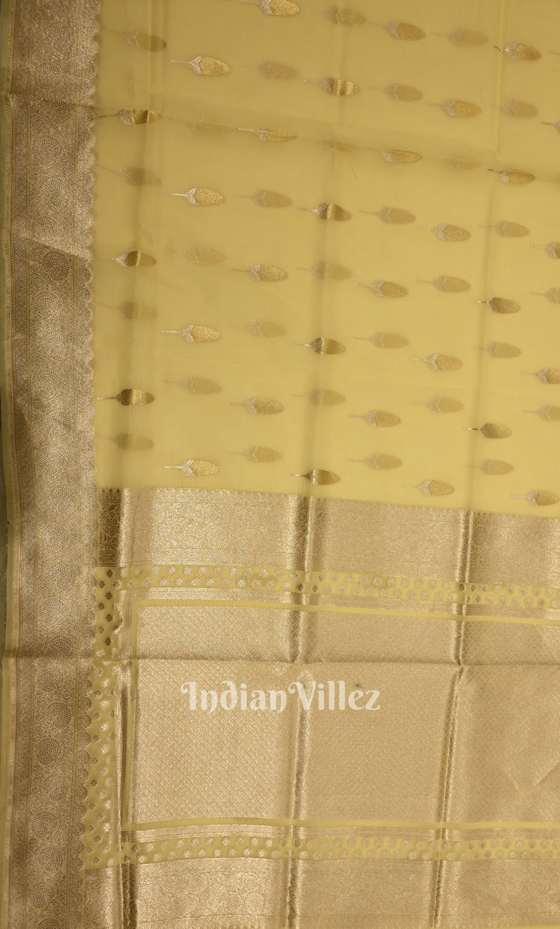 Light Yellow Leaf Motif Chanderi Silk Banarasi Saree