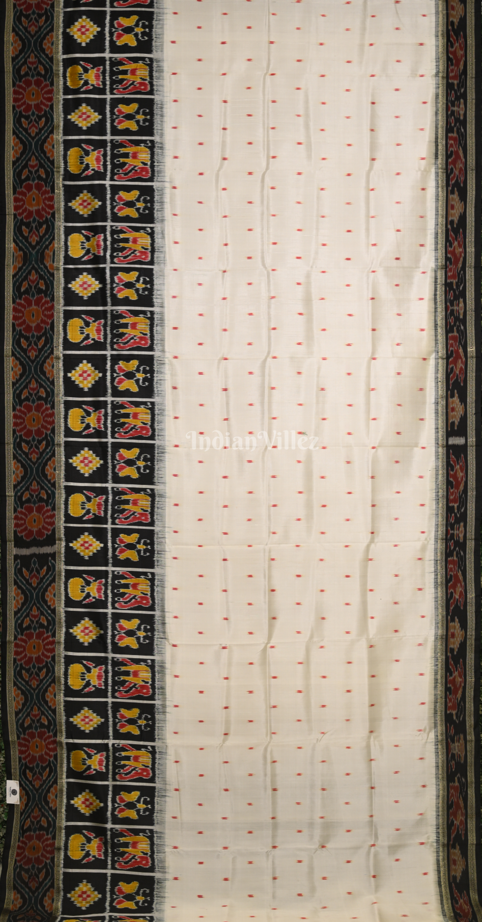  White Black Dot Half Nabakothi Border Odisha Ikat Khandua Silk Saree 