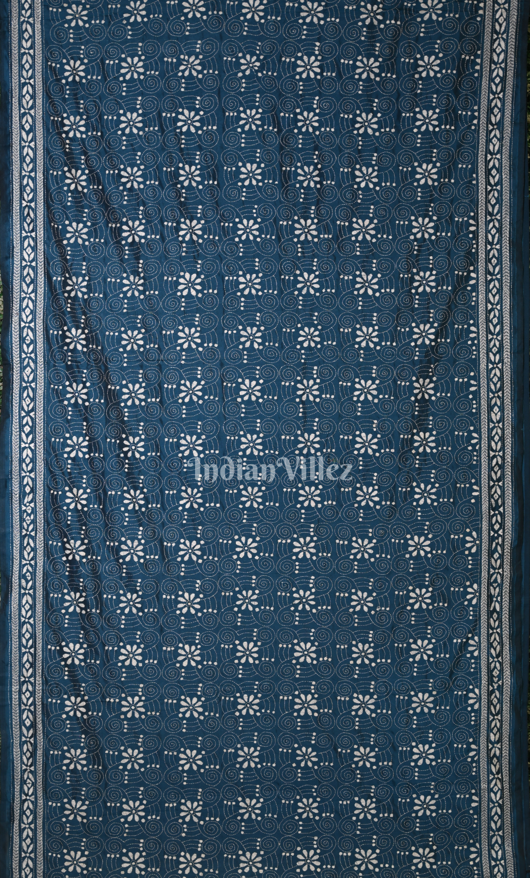 Indigo Blue Handwoven Kantha Stitch Silk Saree 