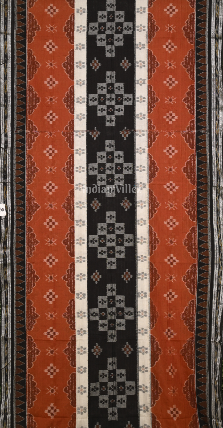 Rust Orange Black Pasapali Triple Layer Odisha Ikat Sambalpuri Cotton Saree