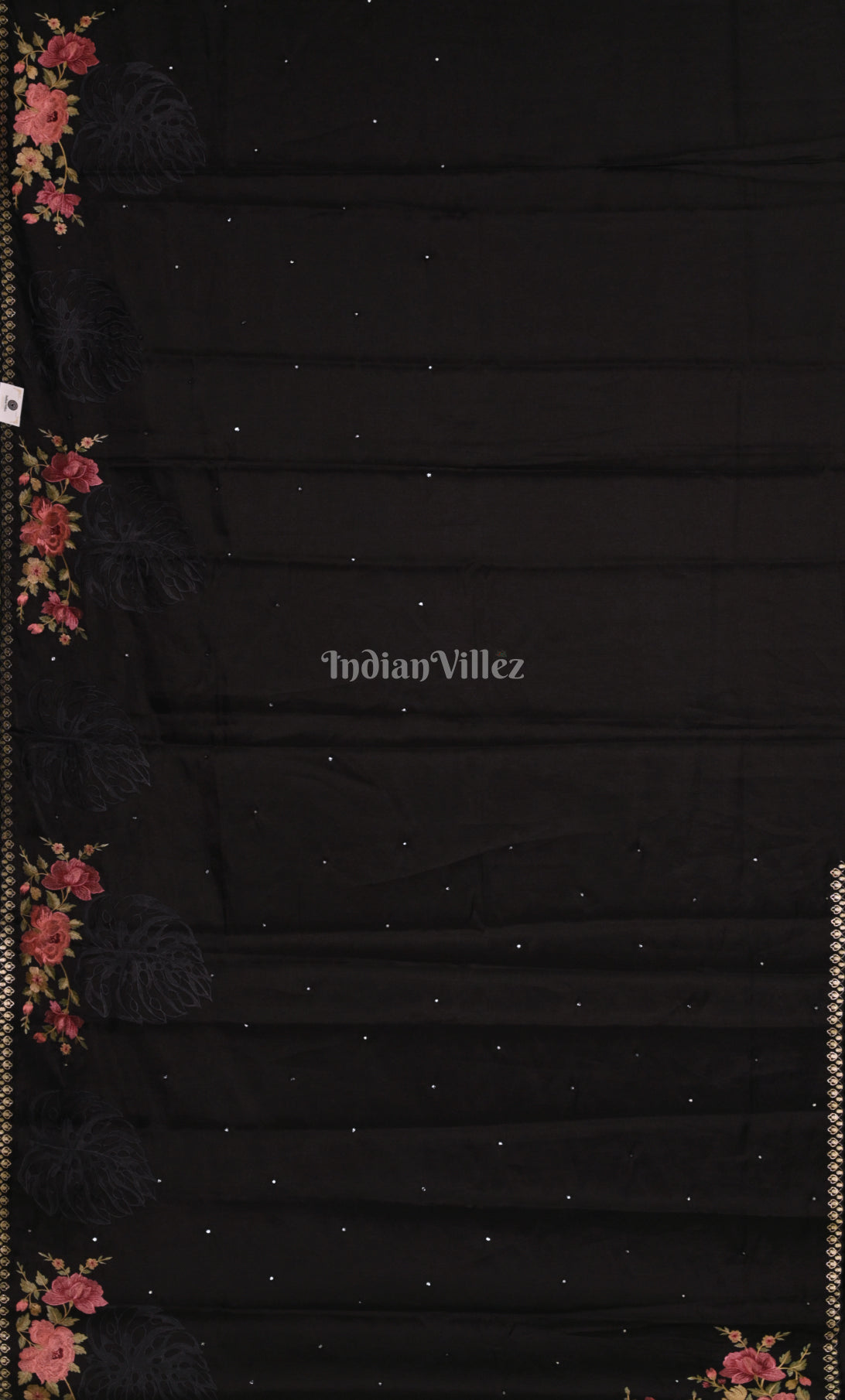 Black Tussar Silk Saree with Floral Hand Embroidery Work 