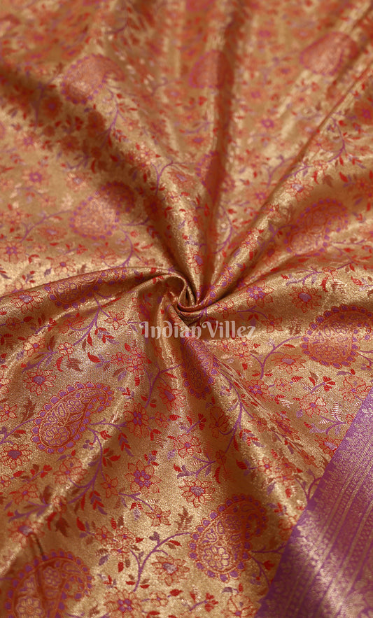 Light Yellow Purple Paisley Brocade Pure Kanjivaram Tissue Silk Saree
