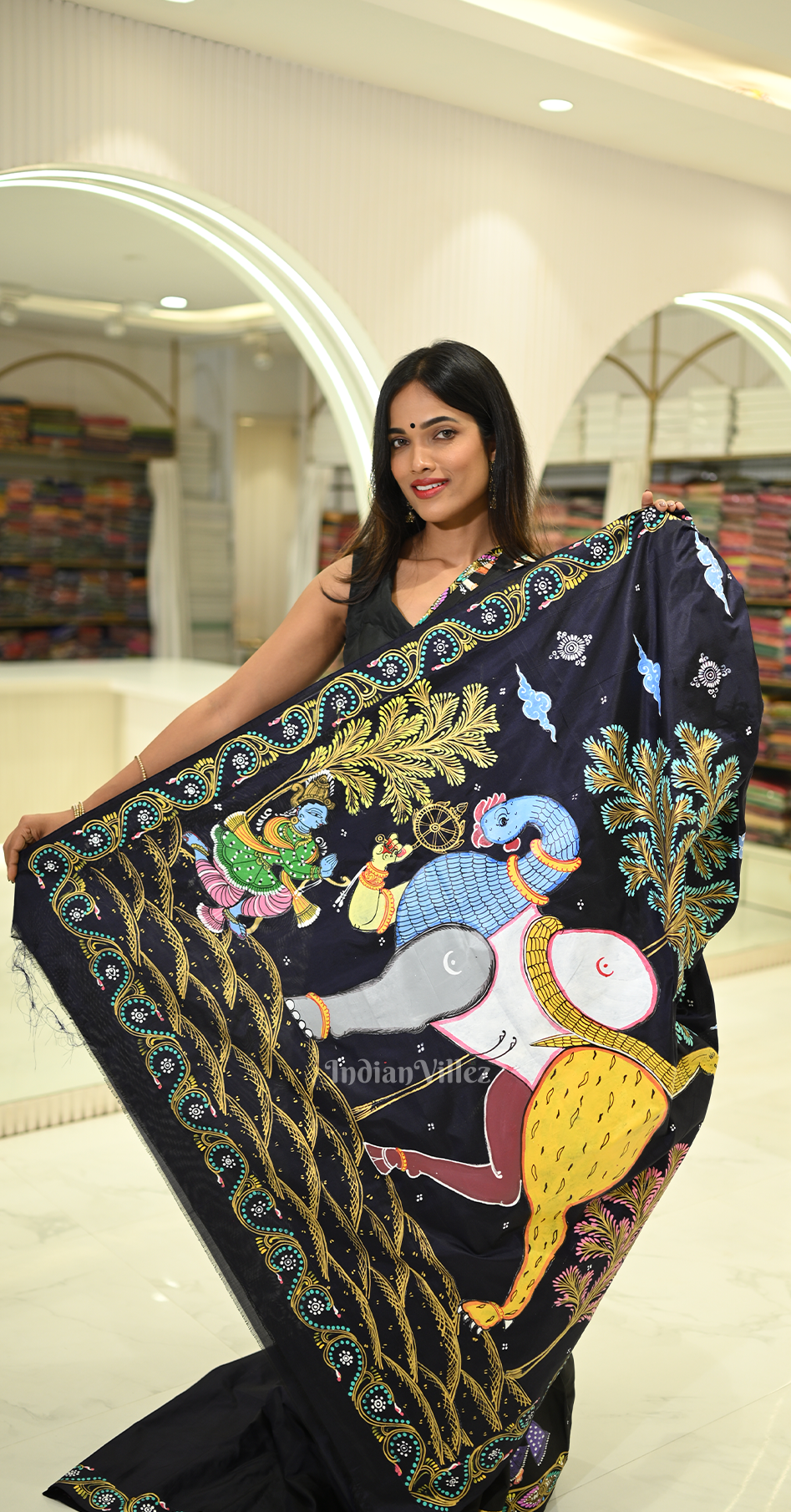 Dark Blue Arjuna Bows to Navagunjara Hand-Painted Pattachitra Saree