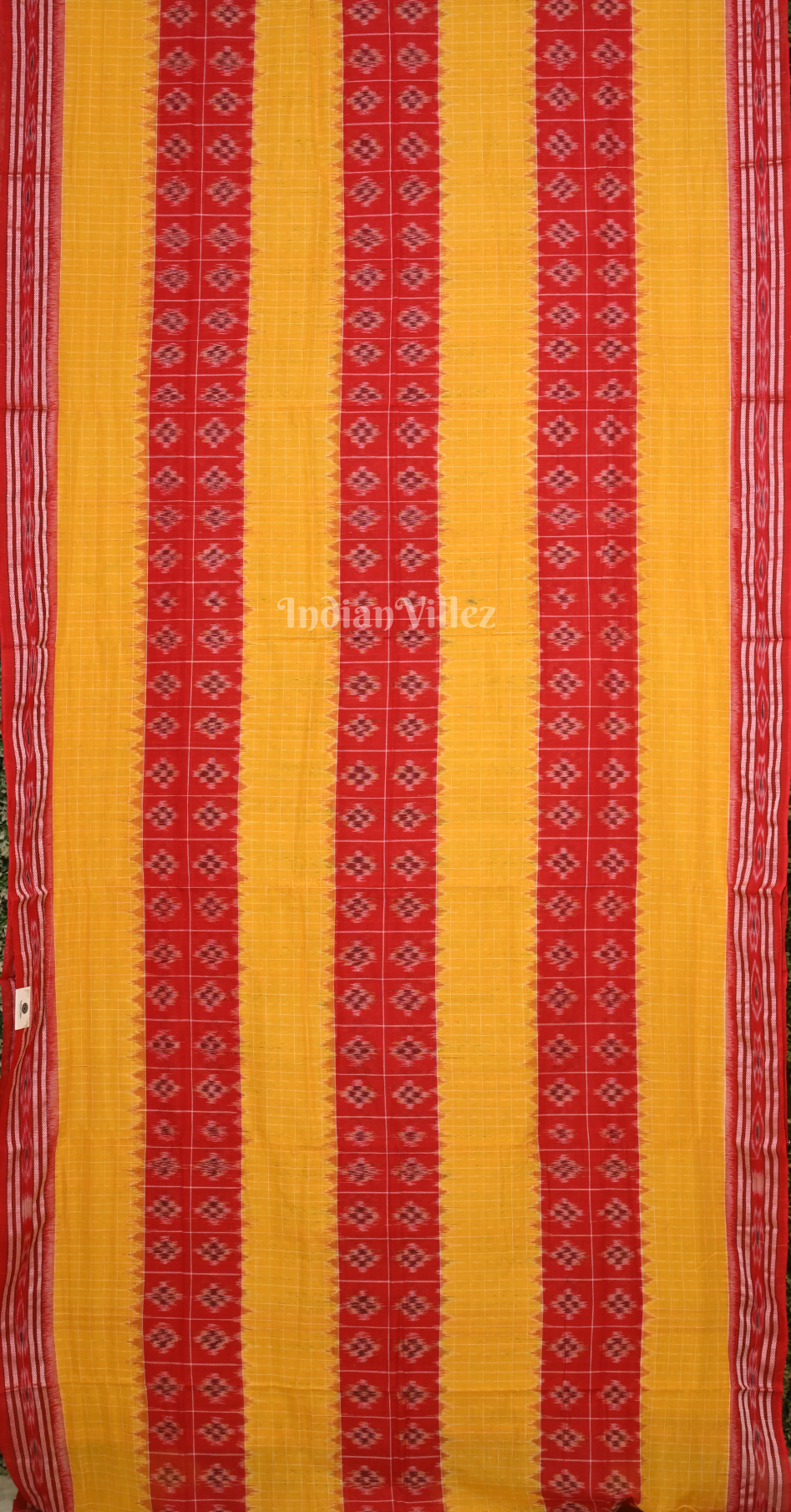 Yellow Red Check Pasapali Odisha Ikat Sambalpuri Cotton Saree 