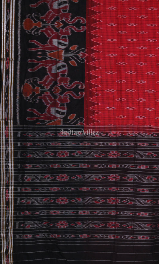 Red Black Odisha Ikat Maniabandha Cotton Saree