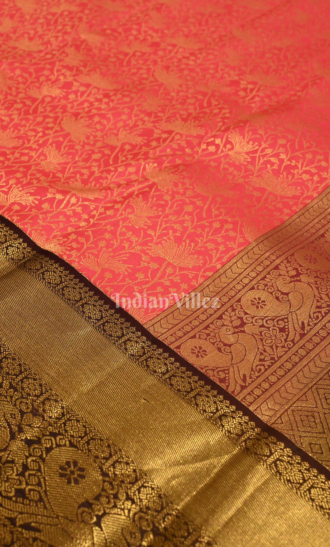 Peach Pink Coffee pure Kanjivaram Silk Saree with Zari Brocade