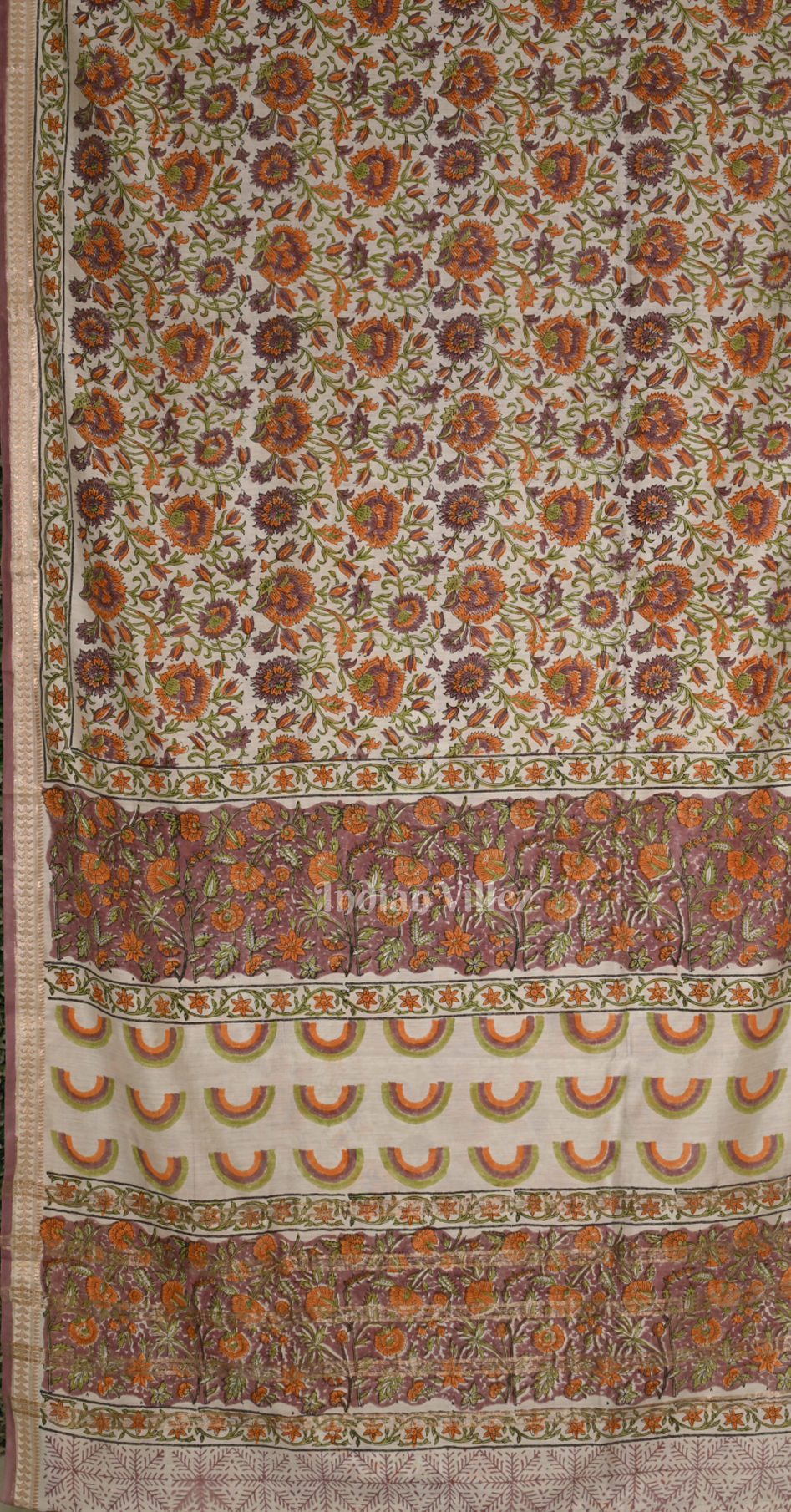 Cream with MultiColour Block Printed Sanganeri Cotton Saree 