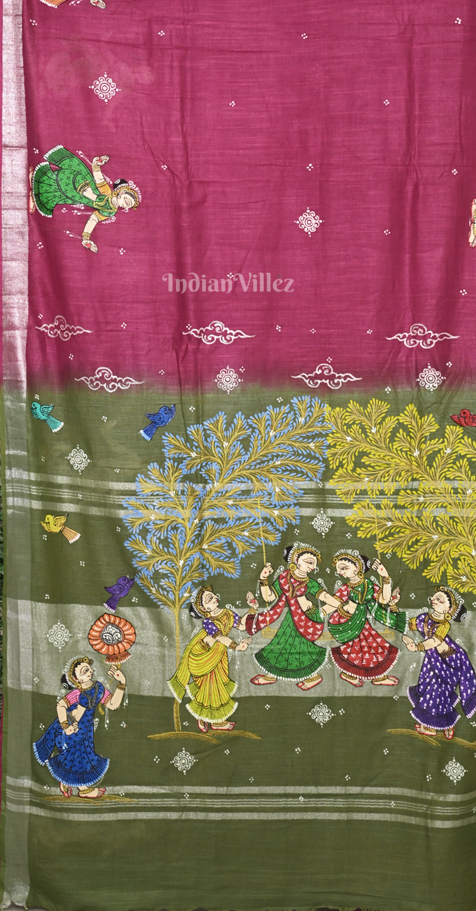 Maroon Mehendi Green raja Doli Theme Hand-Painted Pattachitra Saree 