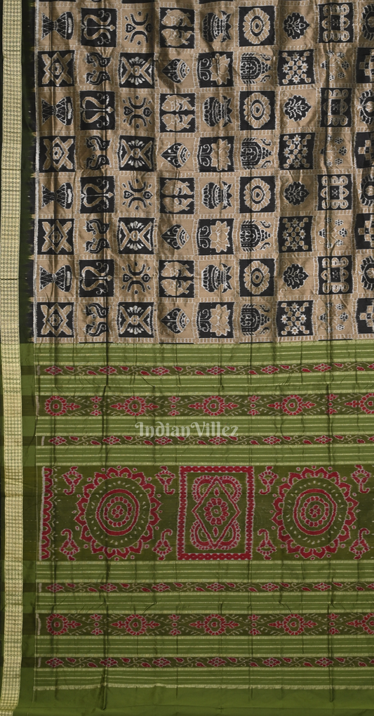 Mashroom Brown Green Nabakothi Odisha Ikat Sambalpuri Silk Saree