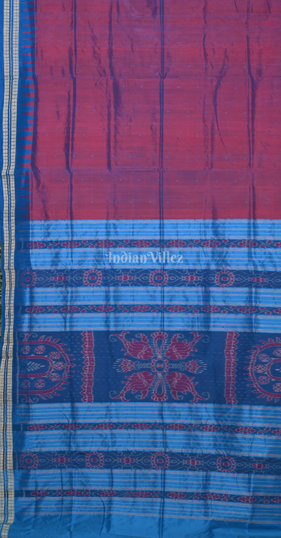 Magenta Pink Sky Blue Buti Design Odisha Ikat Bomkai Silk Saree 