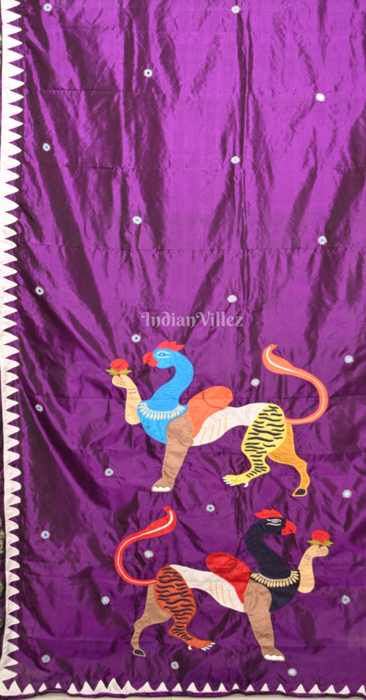 Purple Navagunjara Theme Hand Embroidered Applique Work Saree 