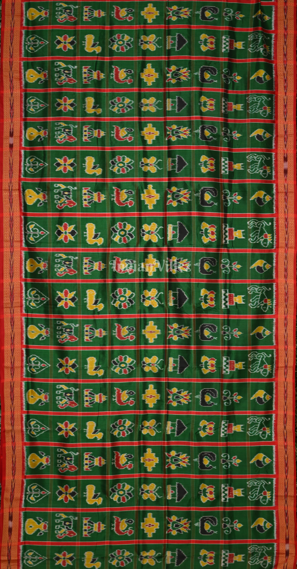 Green Red Nabakothi Odisha Ikat Khandua Silk Saree with Elephant Anchal
