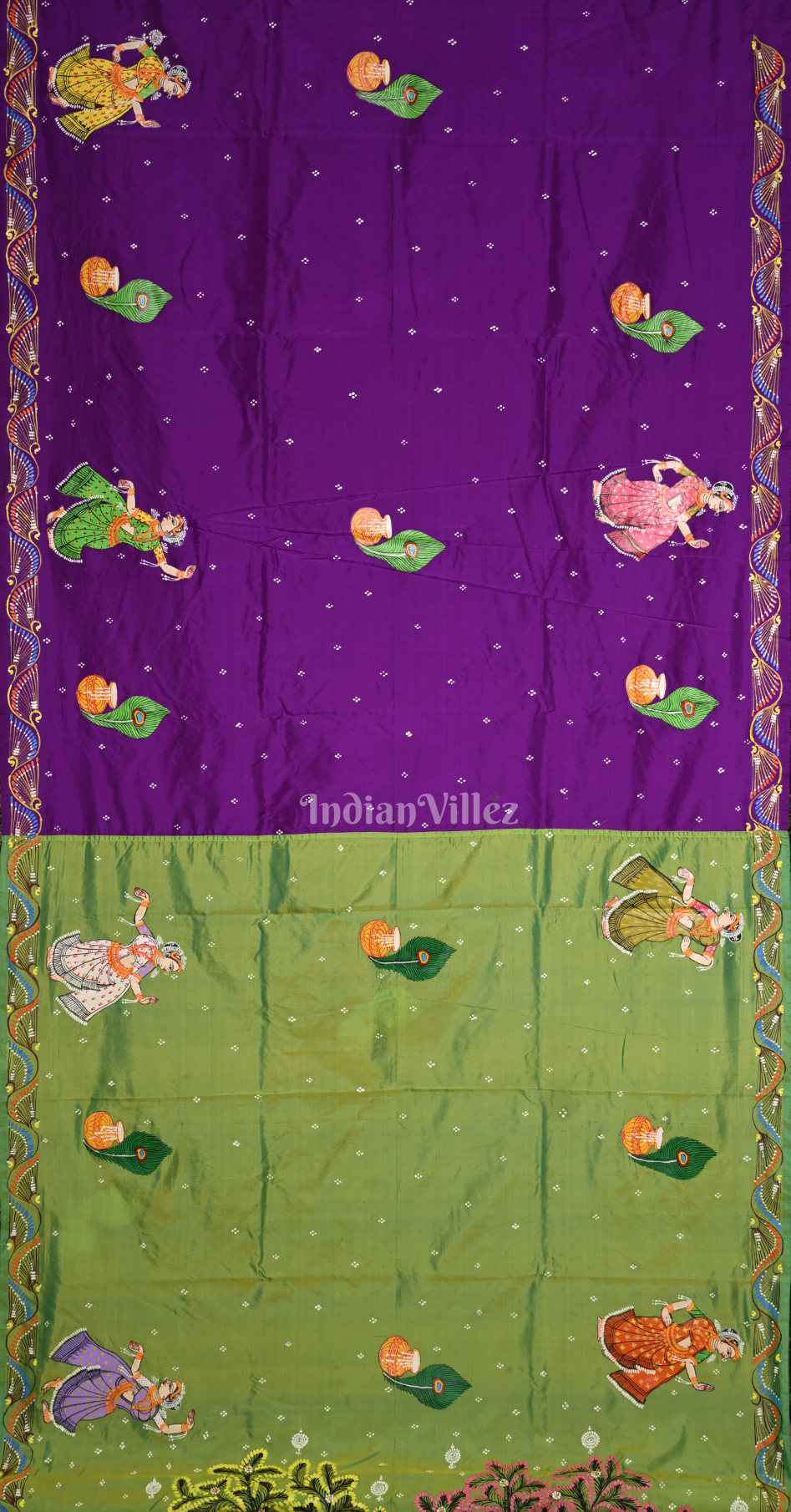 Green Purple Peacock (Mayur) & Nartaki Theme  Hand-Painted Pattachitra Saree 