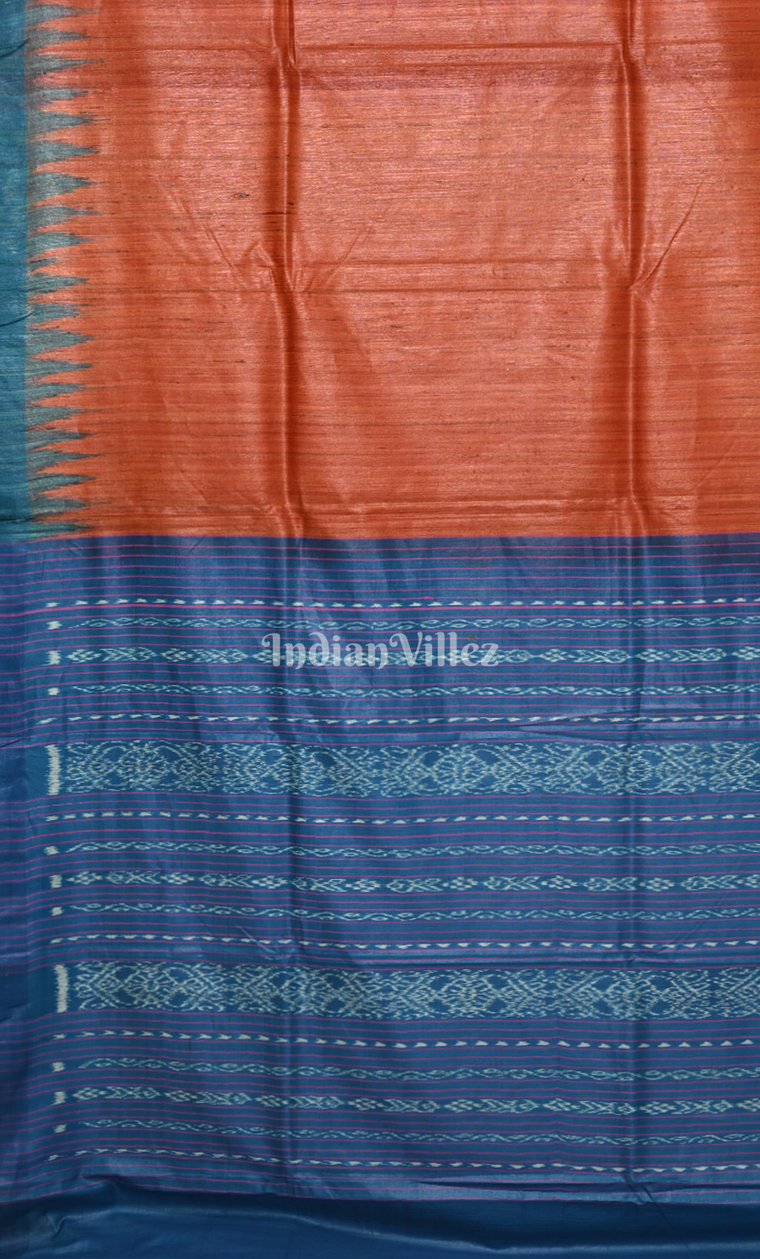   Brick Red Gopalpur Tussar Silk Saree with  Blue Temple Border & Anchal 