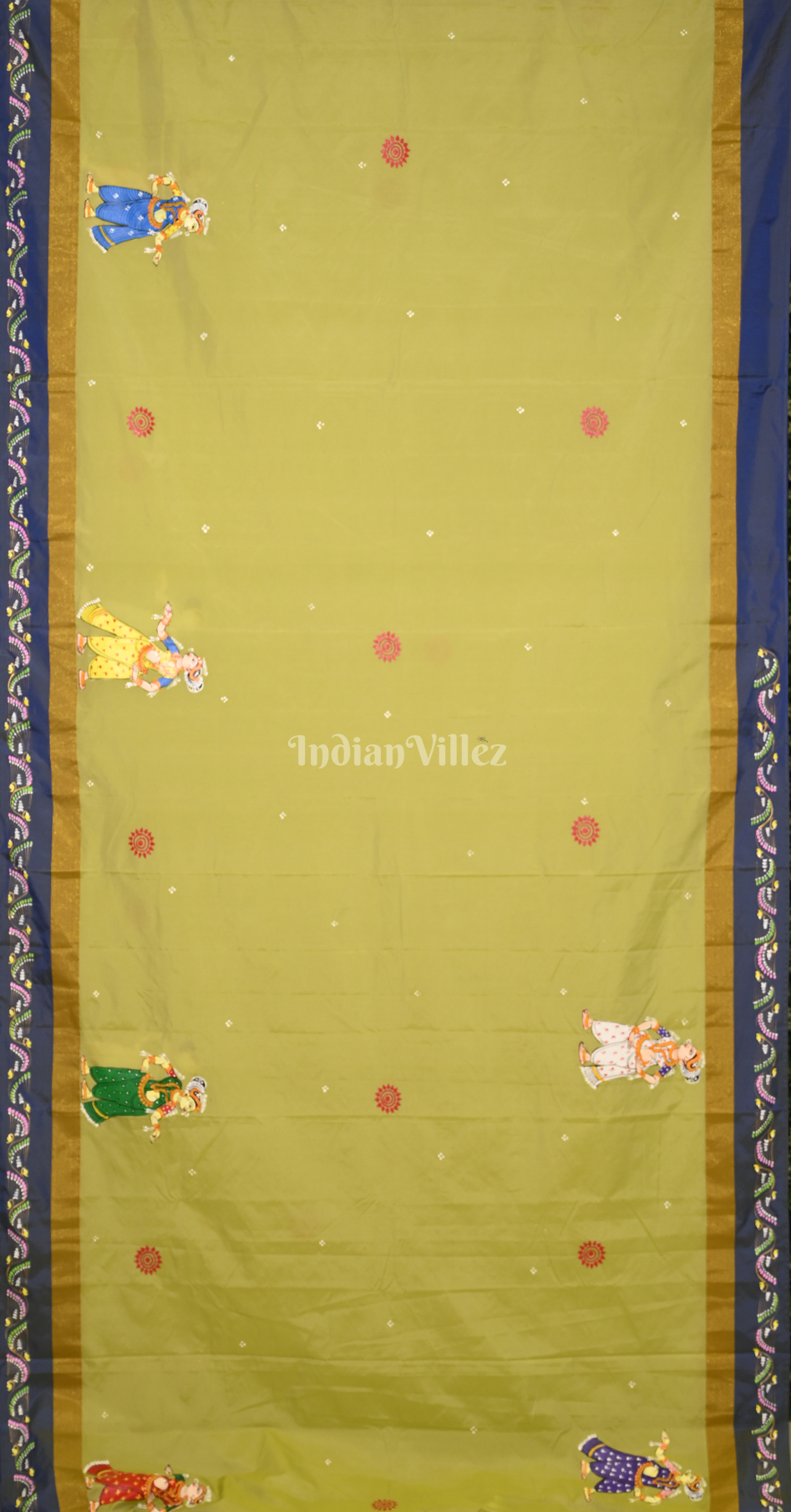 Lemon Green Raja Doli Theme Hand-Painted Pattachitra Saree 