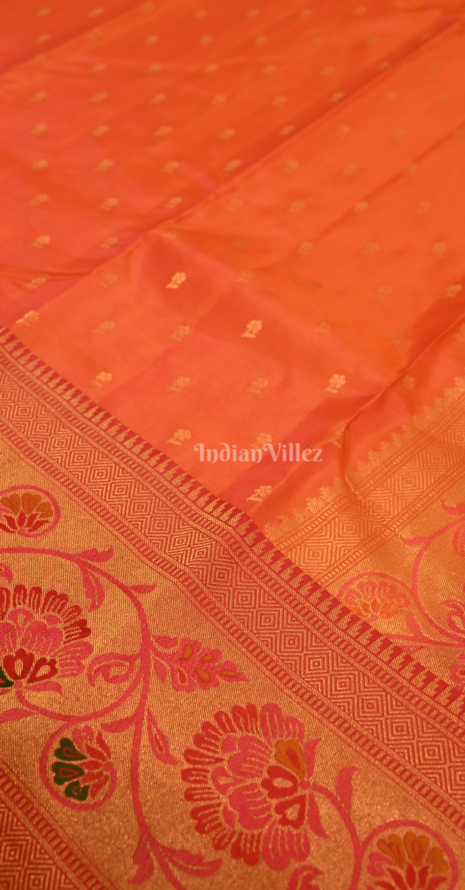 Orange Red Butta Design Pure Kanjivaram Silk Saree 
