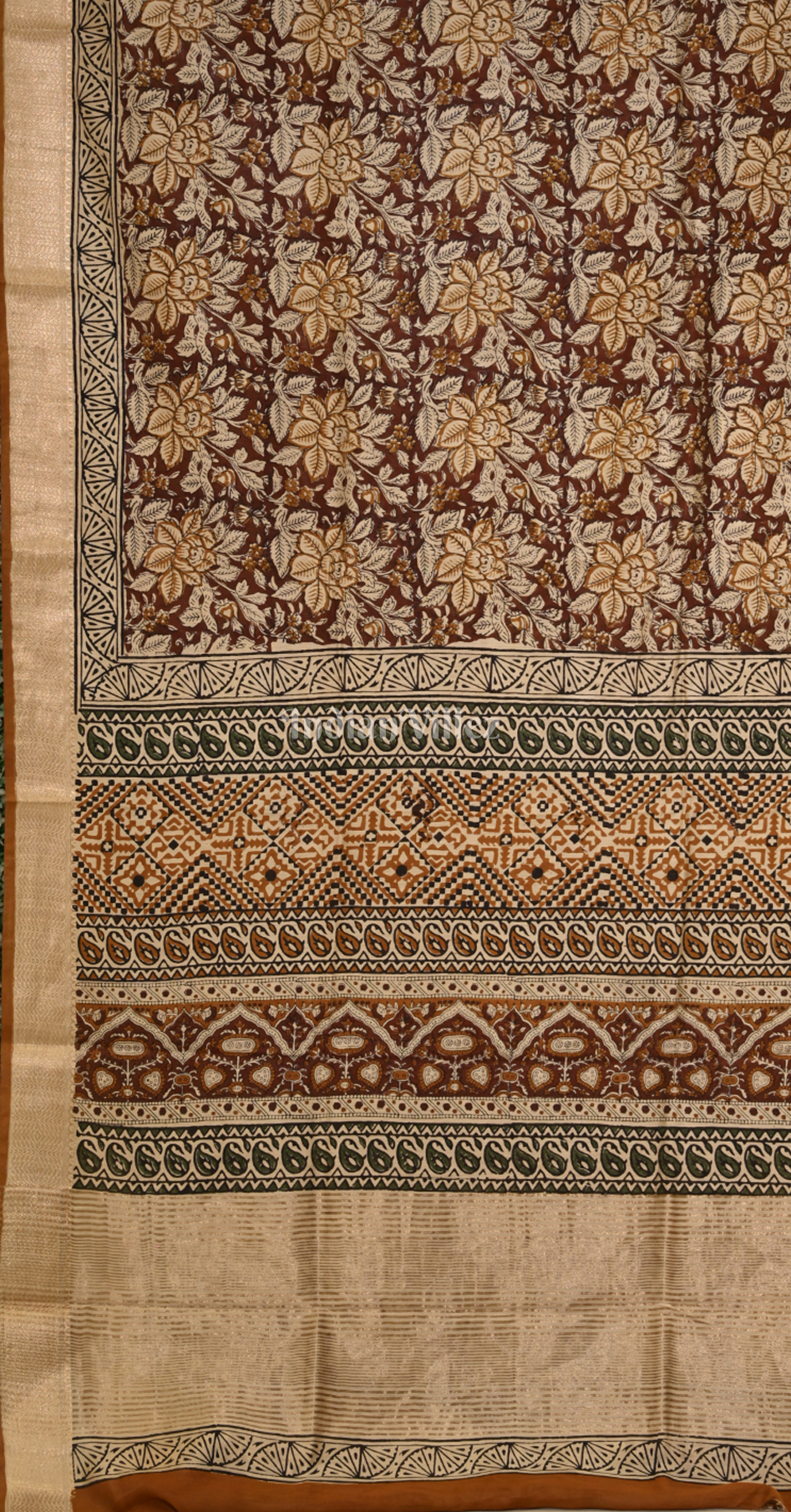 Brown Maroon Block Printed Bagru Cotton Saree 