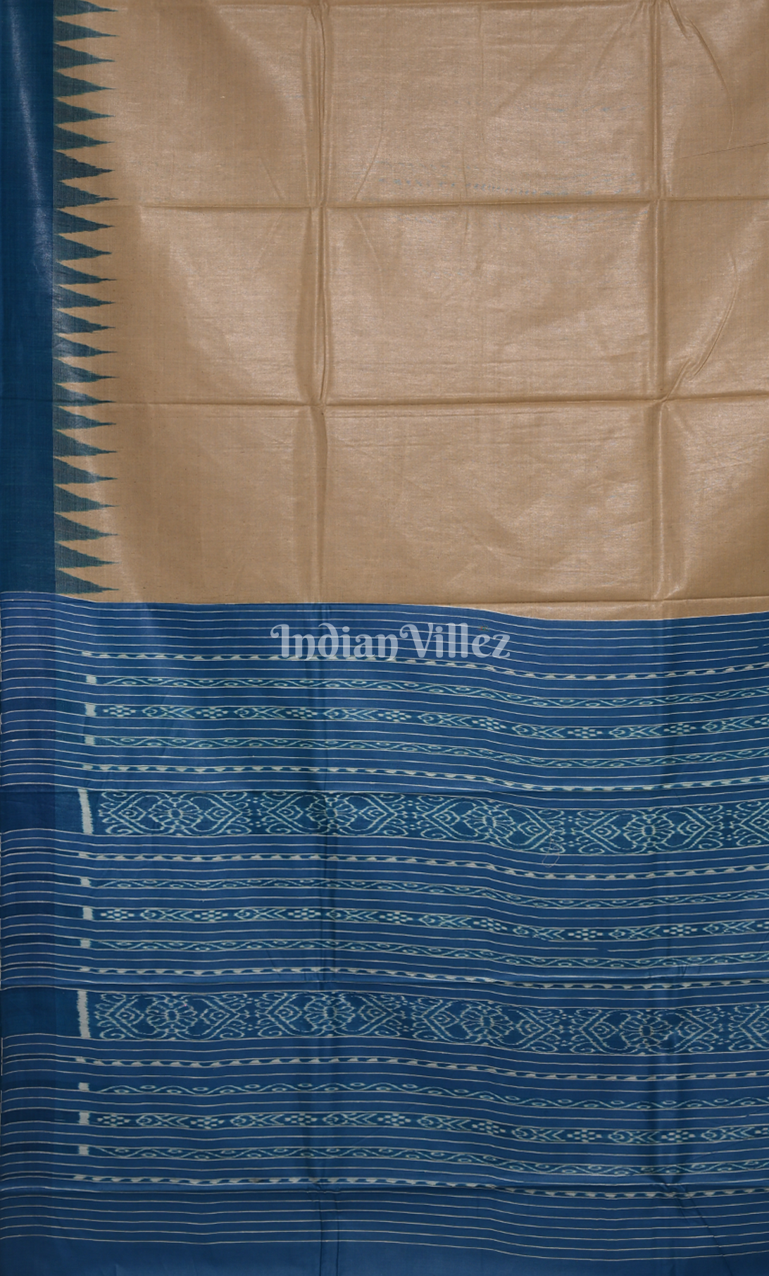 Beige Gopalpur Tussar Silk Saree with Blue Temple Border & Anchal 