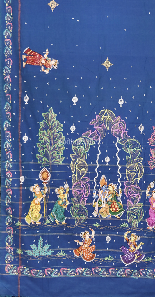 Blue Radha krishna Doli Theme Hand-Painted Pattachitra Saree