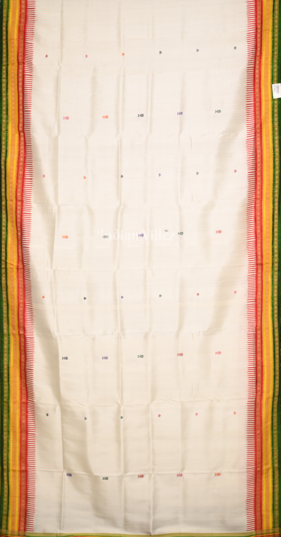 White Green Kathiphera Odisha Ikat Khandua Silk Saree with Elephant Motif Anchal 