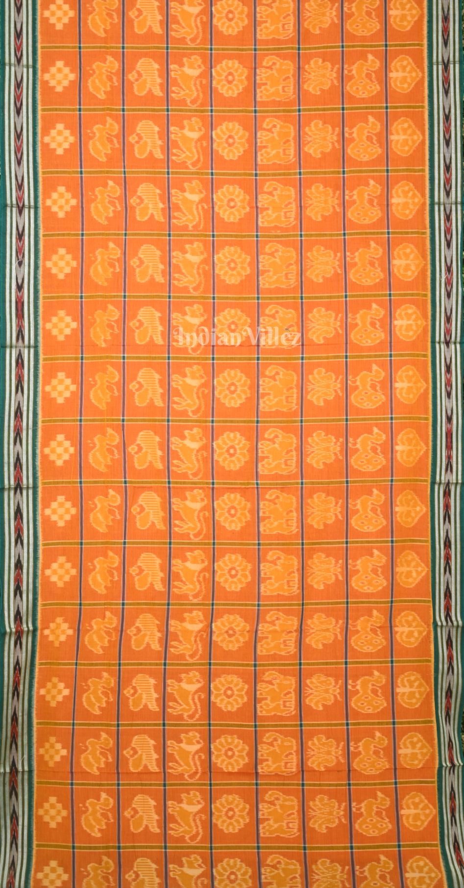 Orange Green Nabakothi Odisha Ikat Sambalpuri Cotton Saree with Jungle Anchal
