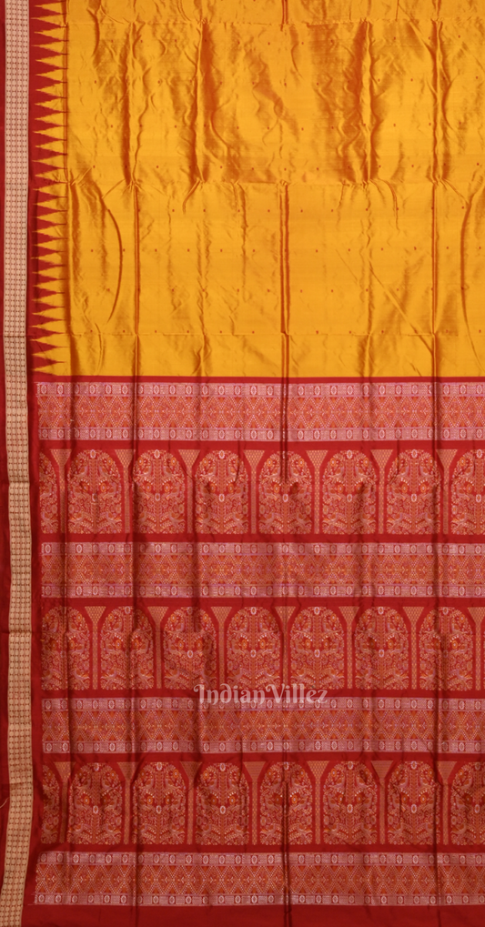 Mustard Yellow Red Butti Design Odisha Ikat Bomkai Silk Saree 