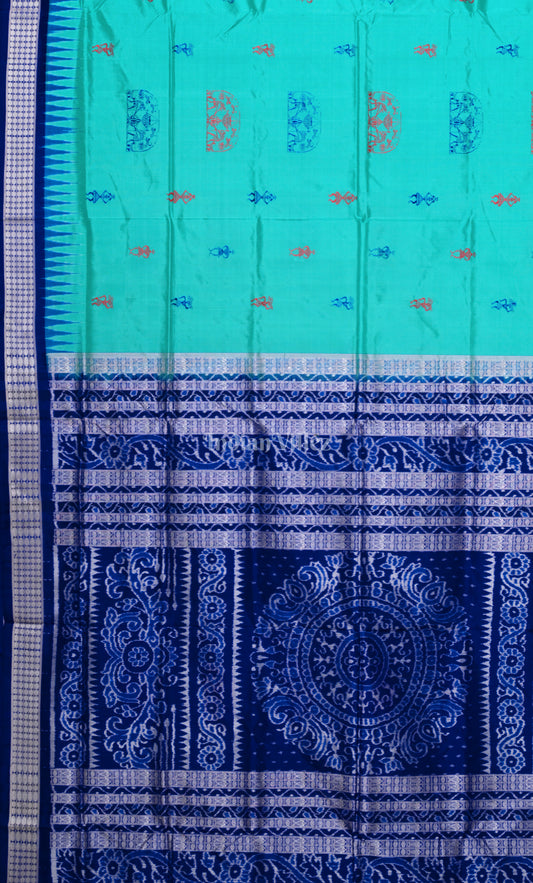 Cyan Blue Tribal Theme Odisha Ikat Bomkai Sambalpuri Silk Saree