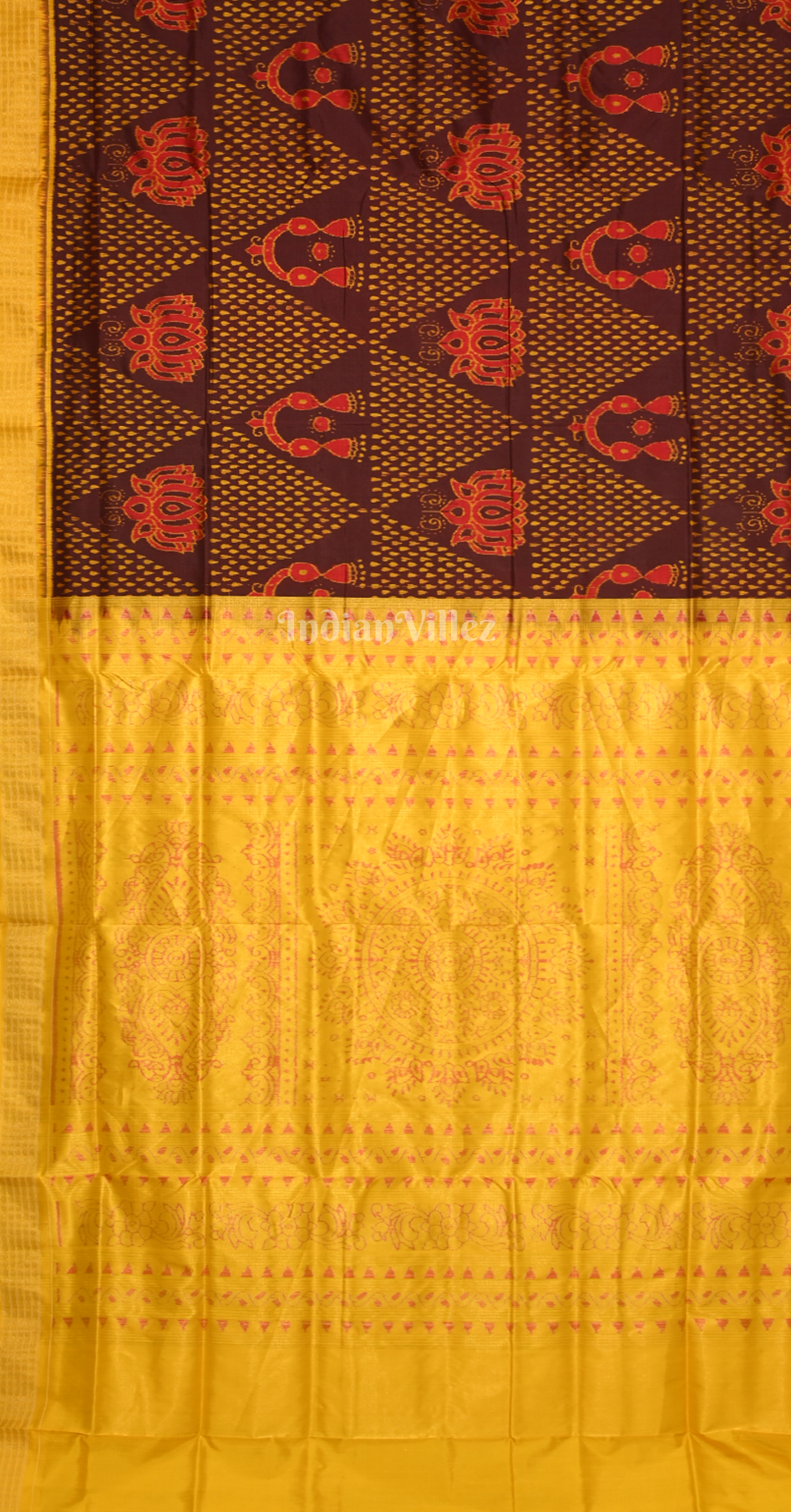 Maroon Yellow Lakshmi Feet Odia Jhoti Theme Half Tissue Sambalpuri Silk Saree
