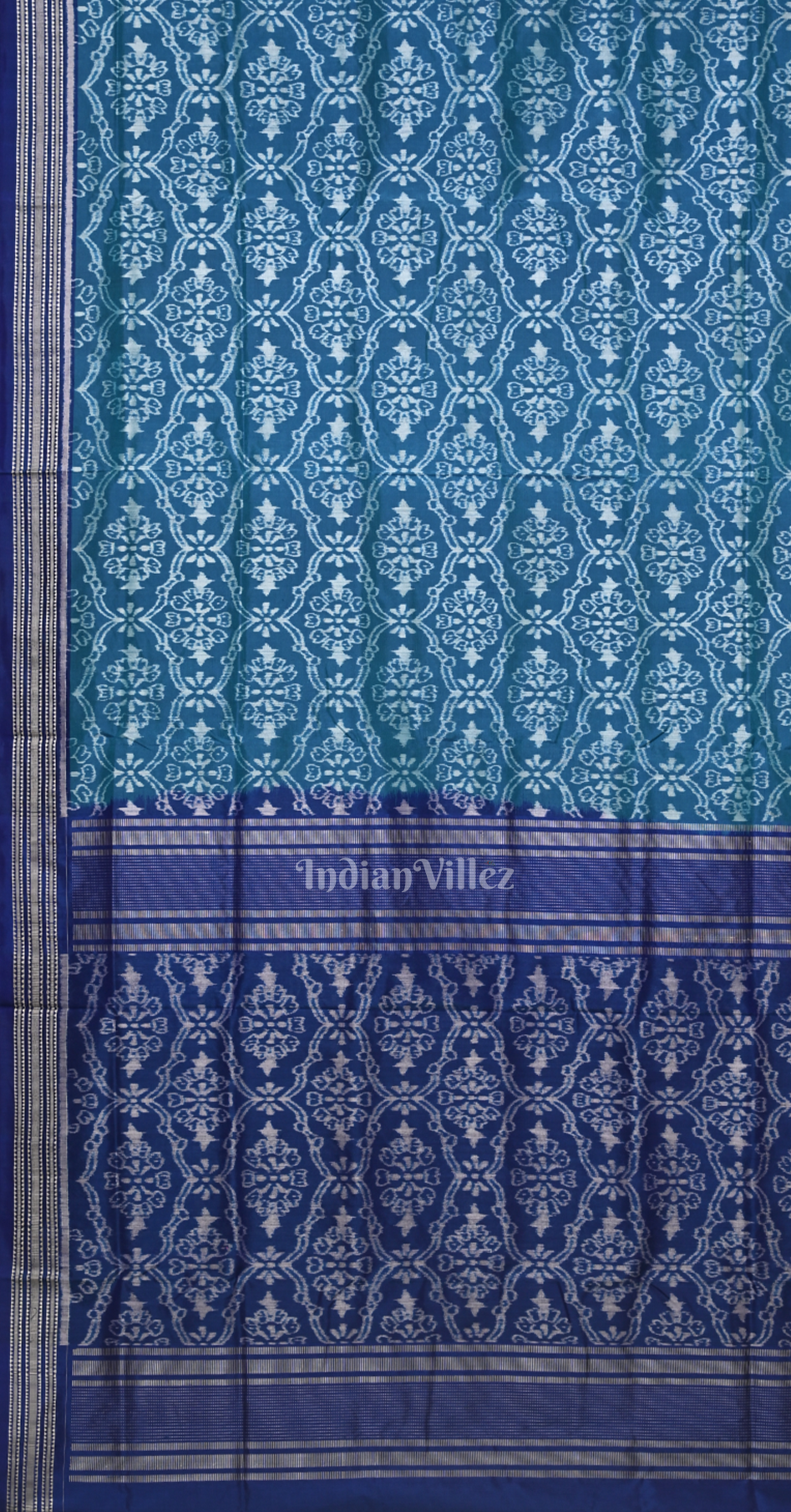 Peacock Blue Flower Motif Odisha Ikat Sambalpuri Silk Saree 