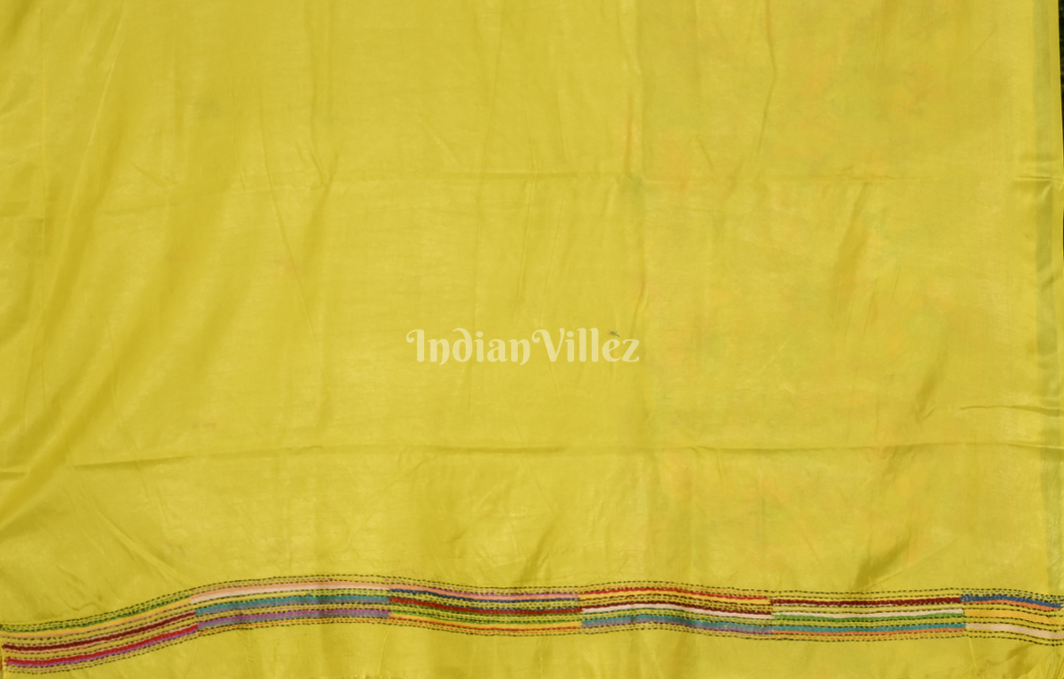 Light Yellow Flower Motif Handwoven Kantha Stitch Silk Saree 