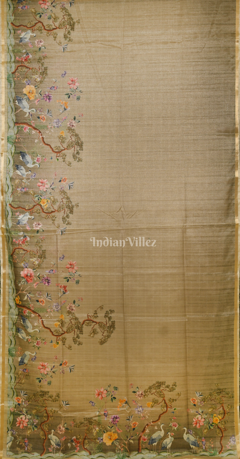 Beige Golden Tussar Silk Saree with Floral Embroidery Work