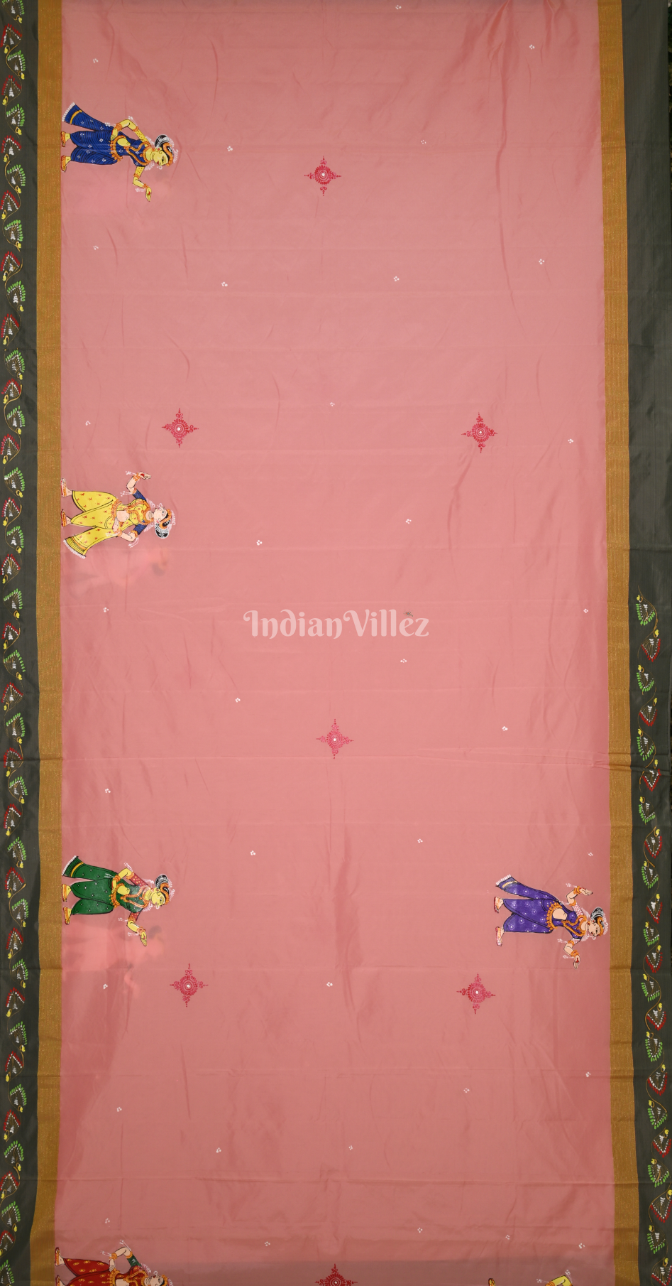 Pink Coffee Krishna Raas Leela Hand-Painted Pattachitra Saree 