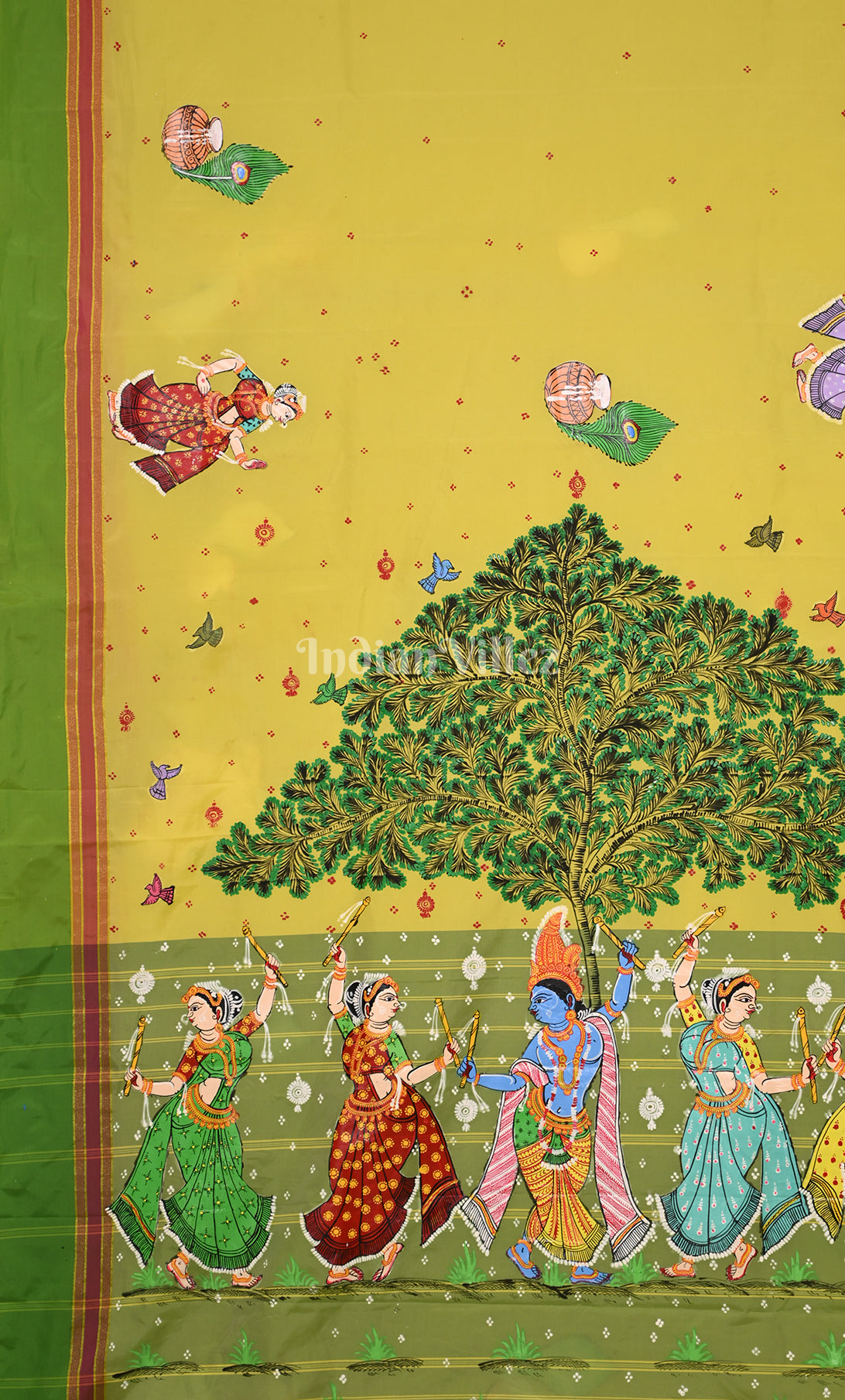 Yellow Green Krishna Raas Leela Hand-Painted Pattachitra Saree