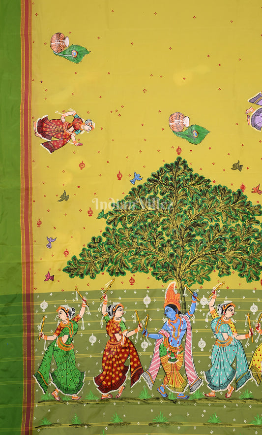 Yellow Green Krishna Raas Leela Hand-Painted Pattachitra Saree