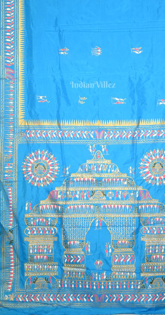Blue Tribal Art Konark Temple Hand-Painted Pattachitra Saree