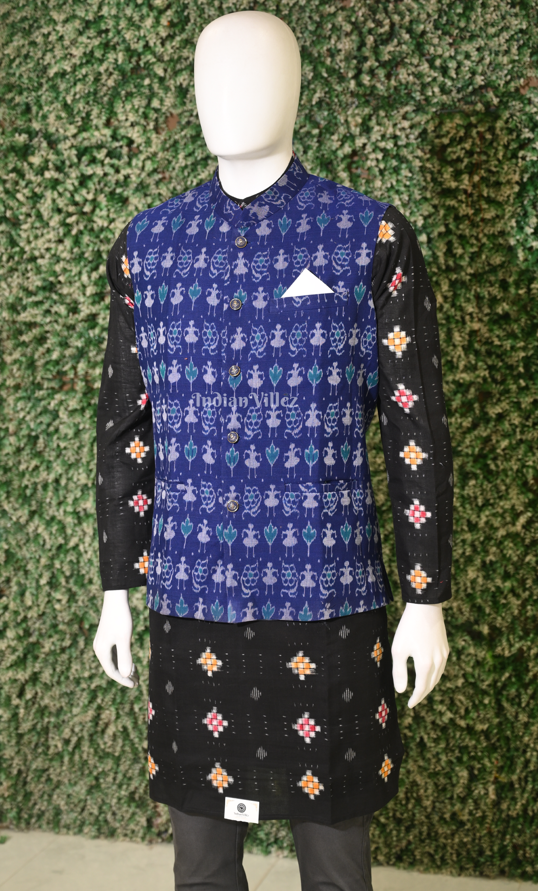 Royal Blue Tribal Design Odisha Ikat Half Bandi Jacket for Men 