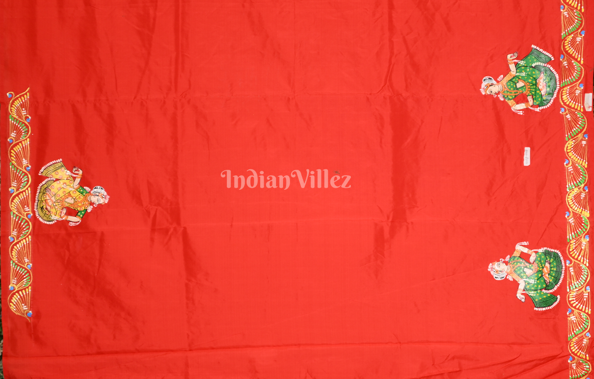 Red Peacock Blue (Mayur) & Nartaki Theme Dual Tone Hand-Painted Pattachitra Saree 
